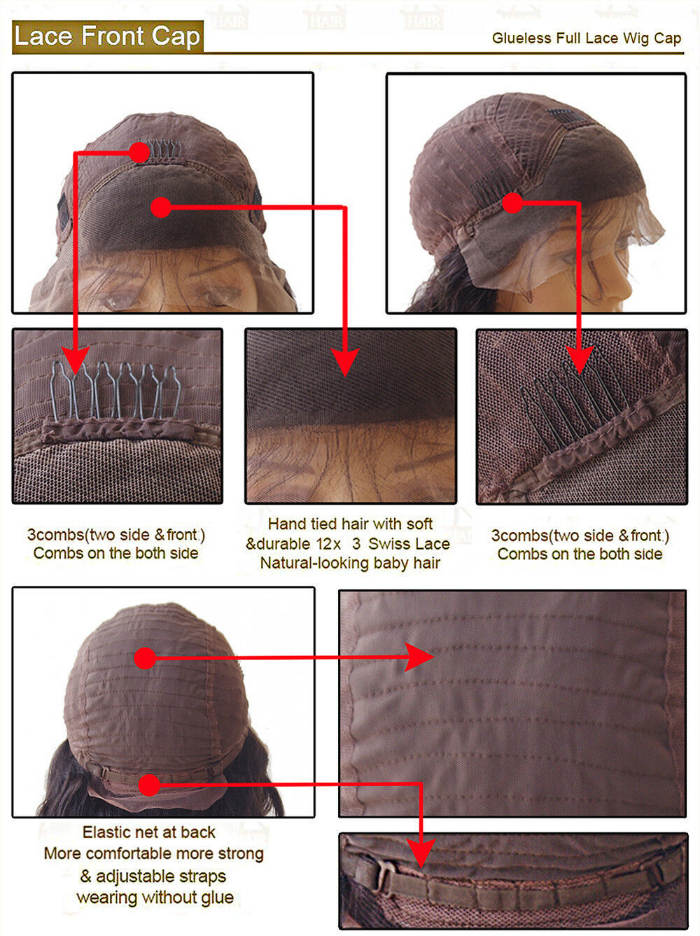 Perruque en dentelle véritable - Cheveux courts et raides 100 % naturels